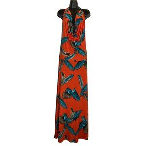 Elegant Feather Print Maxi Dress - Orange and Blue